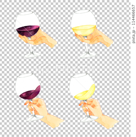 Hands holding glasses of white wine and red wine. Hand-drawn watercolor illustration of drinks (alcohol) Hands holding glasses of white wine and red wine. Hand-drawn watercolor illustration of drinks (alcohol) 114466657