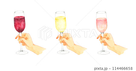 スパークリングワインのグラスを持つ手　飲み物（お酒）の手描き水彩イラスト素材 114466658