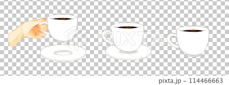 白いマグカップに入ったブラックコーヒーのセット　飲み物・カフェメニューの手描き水彩イラスト素材 114466663