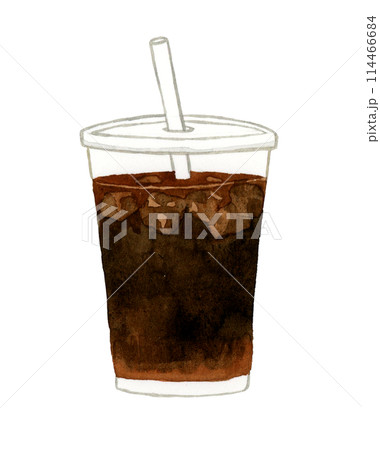 透明のカップに入ったテイクアウトのアイスコーヒー　飲み物・カフェメニューの手描き水彩イラスト素材 114466684