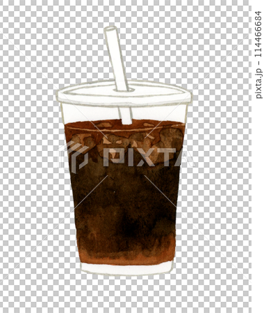 透明のカップに入ったテイクアウトのアイスコーヒー　飲み物・カフェメニューの手描き水彩イラスト素材 114466684