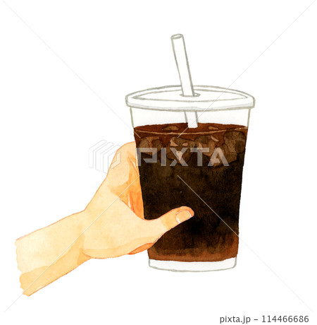 透明のカップに入ったテイクアウトのアイスコーヒー　飲み物・カフェメニューの手描き水彩イラスト素材 114466686