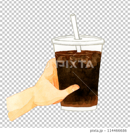 透明のカップに入ったテイクアウトのアイスコーヒー　飲み物・カフェメニューの手描き水彩イラスト素材 114466686