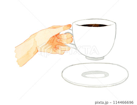 ブラックコーヒーが入った白いマグカップを持つ手　飲み物・カフェメニューの手描き水彩イラスト素材 114466696