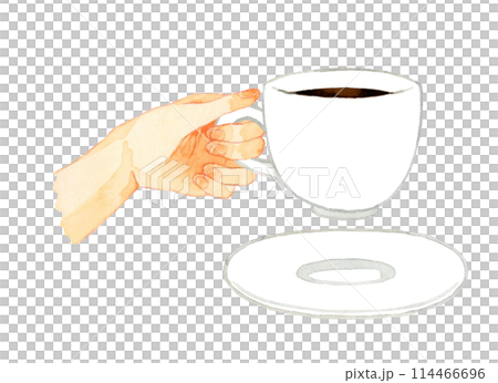 ブラックコーヒーが入った白いマグカップを持つ手　飲み物・カフェメニューの手描き水彩イラスト素材 114466696