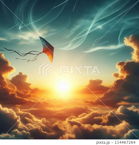 A kite flying above the clouds. 114467264