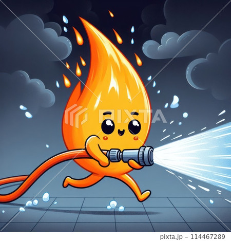 Fire running with a hose of water. Fire running with a hose of water. 114467289