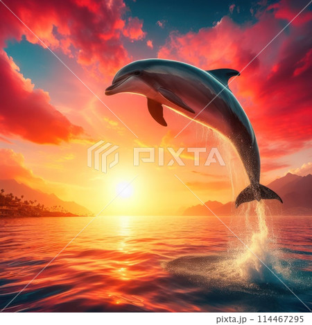Close-up of a dolphin jumping against the background of a sunset. 114467295