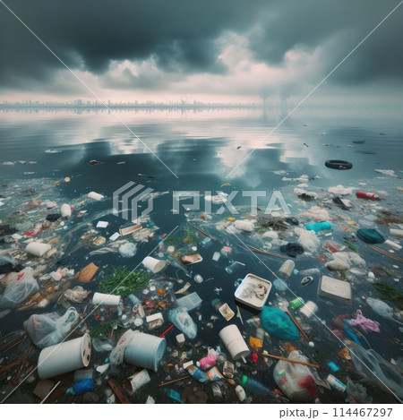 Garbage floating in the water against the background of a big city seen in the distance. Garbage floating in the water against the background of a big city seen in the distance. 114467297