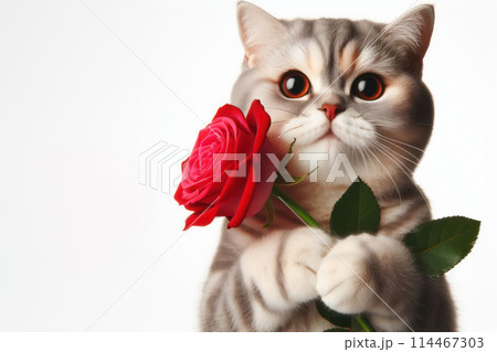 Cute cat holding a red rose in his paws. Space for text. Cute cat holding a red rose in his paws. Space for text. 114467303