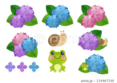 紫陽花とかえるとかたつむりのイラストセット 114467330