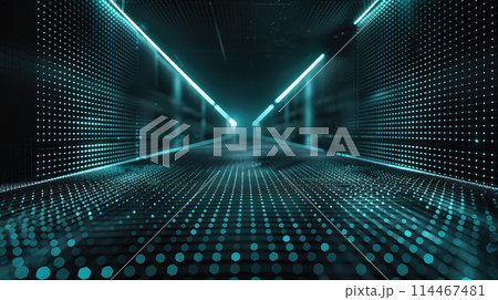 Dark futuristic room background, empty space with digital dots, perspective view of wireframe. Concept of future, grid, wire, virtual reality, game Dark futuristic room background, empty space with digital dots, perspective view of wireframe. Concept of future, grid, wire, virtual reality, game 114467481