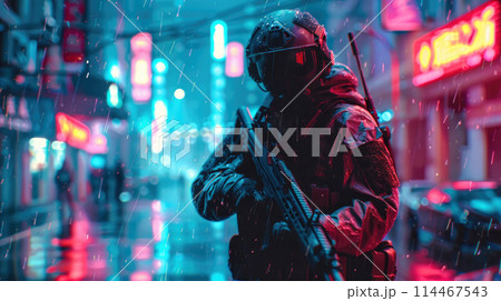 Soldier or police man holds machine gun in neon cyberpunk city in rain, futuristic cyber military and weapon. Concept of future, dystopia, portrait 114467543