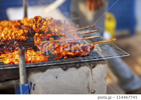 Cambodian Grilled Lemongrass Beef Skewers In Siem Reap, Cambodia. This Is Popular Street Food In Cambodia. Cambodian Grilled Lemongrass Beef Skewers In Siem Reap, Cambodia. This Is Popular Street Food In Cambodia. 114467745