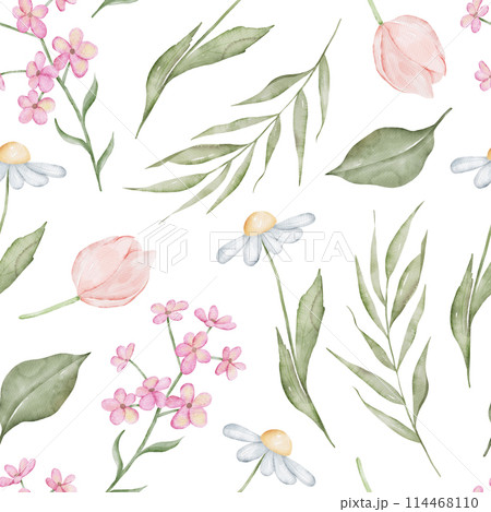 Hand Drawn Watercolor Flowers Seamless Pattern. Hand drawn floral decorative background print 114468110