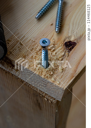 a partially twisted confirmation into a freshly drilled hole in the board a partially twisted confirmation into a freshly drilled hole in the board 114468125