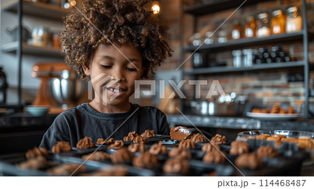 Happy African American child is smiling joyfully in kitchen. Fun adorable messy food. Helping mom 114468487