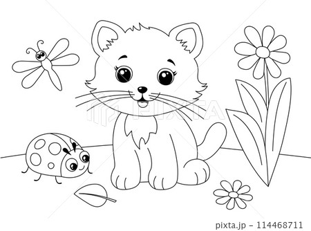 Coloring book page with cute cat sitting in grass. Coloring book page with cute cat sitting in grass. 114468711