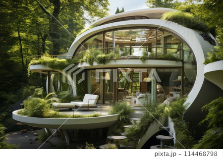An eco-friendly house with a green roof integrated into a lush forest setting. Futuristic save energy planet concept 114468798
