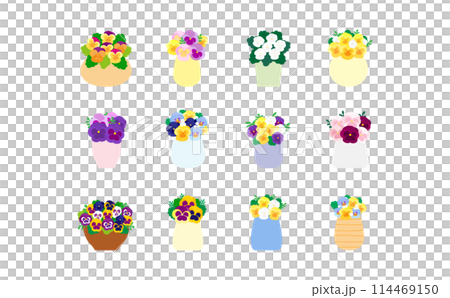 Illustration set of pansies and violas in a vase Illustration set of pansies and violas in a vase 114469150