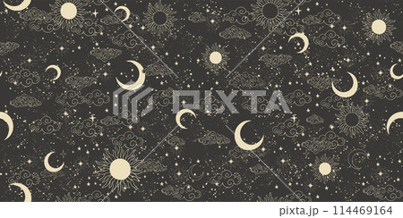 Seamless celestial pattern with sun, moon and stars on black background, mystical astrological background, horoscope vector ornament. Zodiac banner, fabric ornament, wrapping paper. Seamless celestial pattern with sun, moon and stars on black background, mystical astrological background, horoscope vector ornament. Zodiac banner, fabric ornament, wrapping paper. 114469164