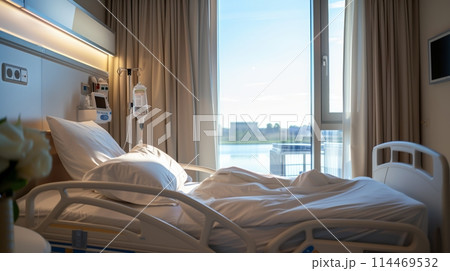 病院の個室、窓際のベッド 114469532