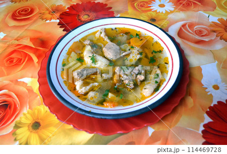 Hot vegetable and meat soup 114469728