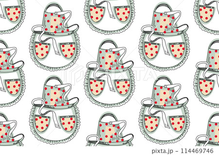 Seamless pattern with kitchen utensils. Cooking apron with lace and red polka dot pockets. All objects are hand-drawn in vector in blue, red and black. For fabric, paper, kitchen design. Seamless pattern with kitchen utensils. Cooking apron with lace and red polka dot pockets. All objects are hand-drawn in vector in blue, red and black. For fabric, paper, kitchen design. 114469746