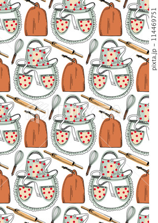 Seamless pattern with kitchen utensils. Cooking apron, rolling pin, cutting board, whisk. All objects are hand-drawn in vector colors of brown, red and black. For printing on fabric, paper, design. 114469751