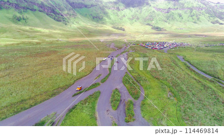 aerial view of jeeps in Bromo, East Java aerial view of jeeps in Bromo, East Java 114469814