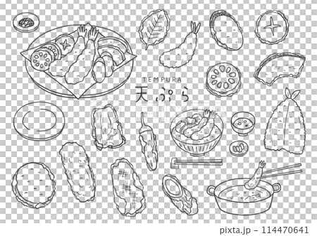 いろんな天ぷらの手描きイラストセット（モノクロ） 114470641