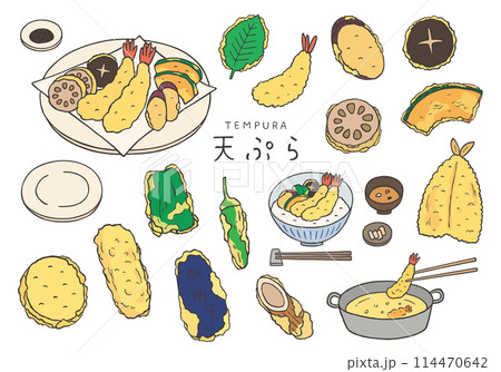 いろんな天ぷらの手描きイラストセット（カラー） 114470642