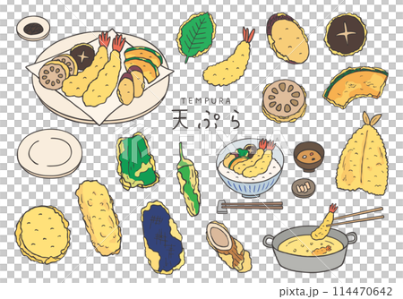 いろんな天ぷらの手描きイラストセット（カラー） 114470642