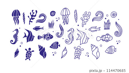 Set of underwater animals. undersea life. Vector outline and silhouette 114470685
