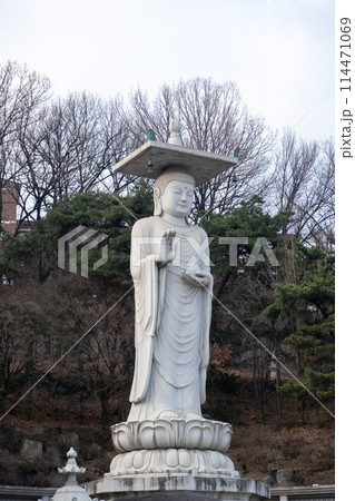 Mireuk Daebul statue of the bodhisattva Maitreya at Bongeunsa Temple, a Buddhist temple in Seoul. With background of winter to early spring. It is the tallest stone statue in Korea. 114471069