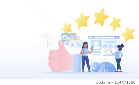 Online customer, feedback reviews, customer satisfaction with product or service. Positive and negative respond, rating star, loyalty, good experience. Flat design vector illustration. 114471150