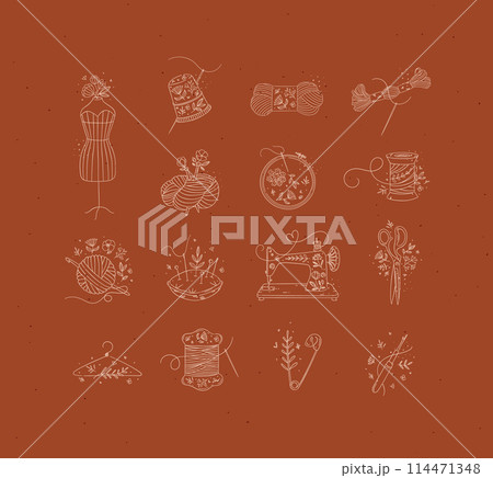 Sewing item icons floral style mustard 114471348