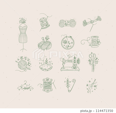 Sewing item icons floral style green Sewing item icons floral style green 114471350