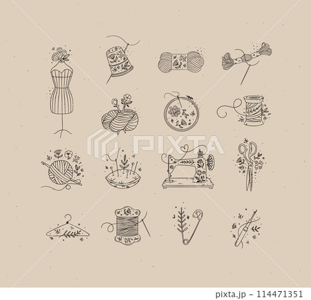 Sewing item icons floral style coffee 114471351