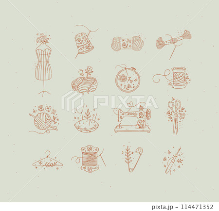 Sewing item icons floral style turquoise 114471352
