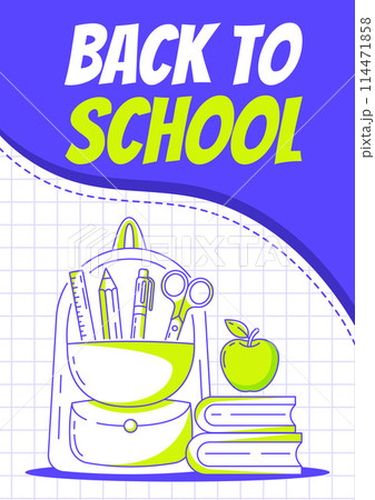 Backpack with school supplies, stack of books and apple. Back to school, education, learning concept.Vector minimalist poster, a4 format. For banner, cover, web. Checkered background 114471858