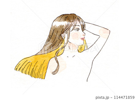アナログ透明水彩イラスト　インナーカラーを入れたロングヘアーの女性のイラストレーション 114471859