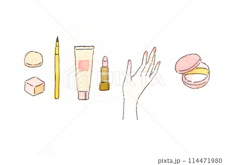 アナログ透明水彩イラスト　女性の化粧品と手のイラストレーションセット 114471980