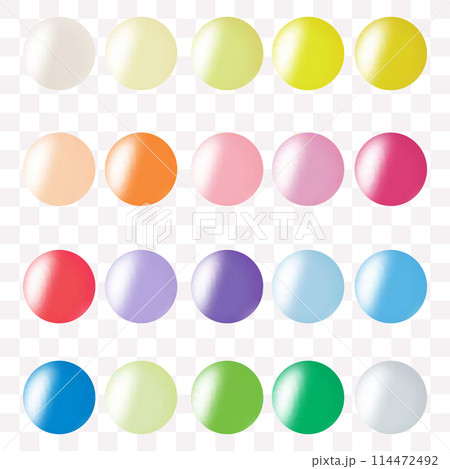 Green, blue, red, pink, yellow, orange, purple glossy sphere isolated on white background. Skin care oil bubbles. Pearl. Vector ball for natural cosmetic, shampoo package design. eps 10 114472492