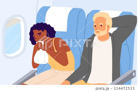 Woman passenger suffering from aerophobia in airplane 114472513