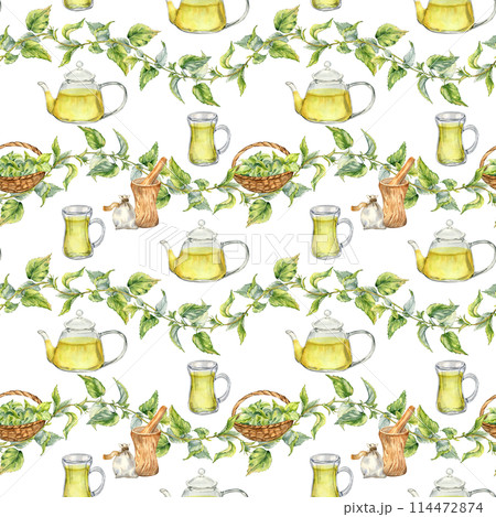 Nettle watercolor and glass teapot, basket seamless pattern isolated on white. Herbal plant Urticaria dioica with kitchen utensils. Stinging plant hand drawn. Design for textile, packaging, wrapping 114472874