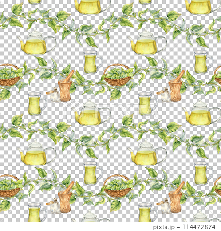 Nettle watercolor and glass teapot, basket seamless pattern isolated on white. Herbal plant Urticaria dioica with kitchen utensils. Stinging plant hand drawn. Design for textile, packaging, wrapping 114472874