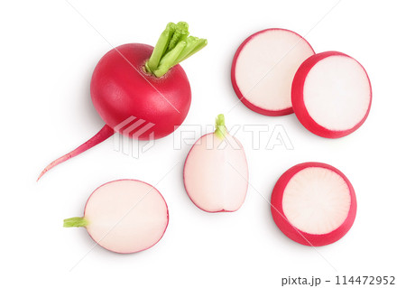 Radish with slices isolated on white background. Top view. Flat lay 114472952