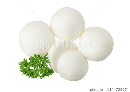 Mini mozzarella balls with parsley leaf isolated on white background. Top view. Flat lay. 114472967