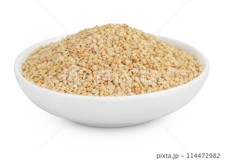 Sesame seeds in ceramic bowl isolated on white background with full depth of field 114472982